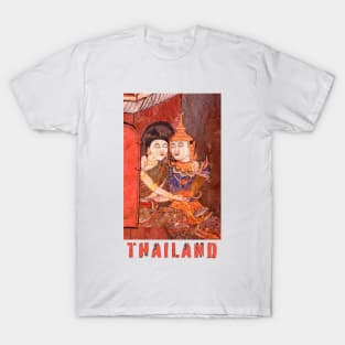 Antique Thai colorful temple mural of a young couple embracing in traditional period ceremonial clothing with the word Thailand featuring under the image. T-Shirt